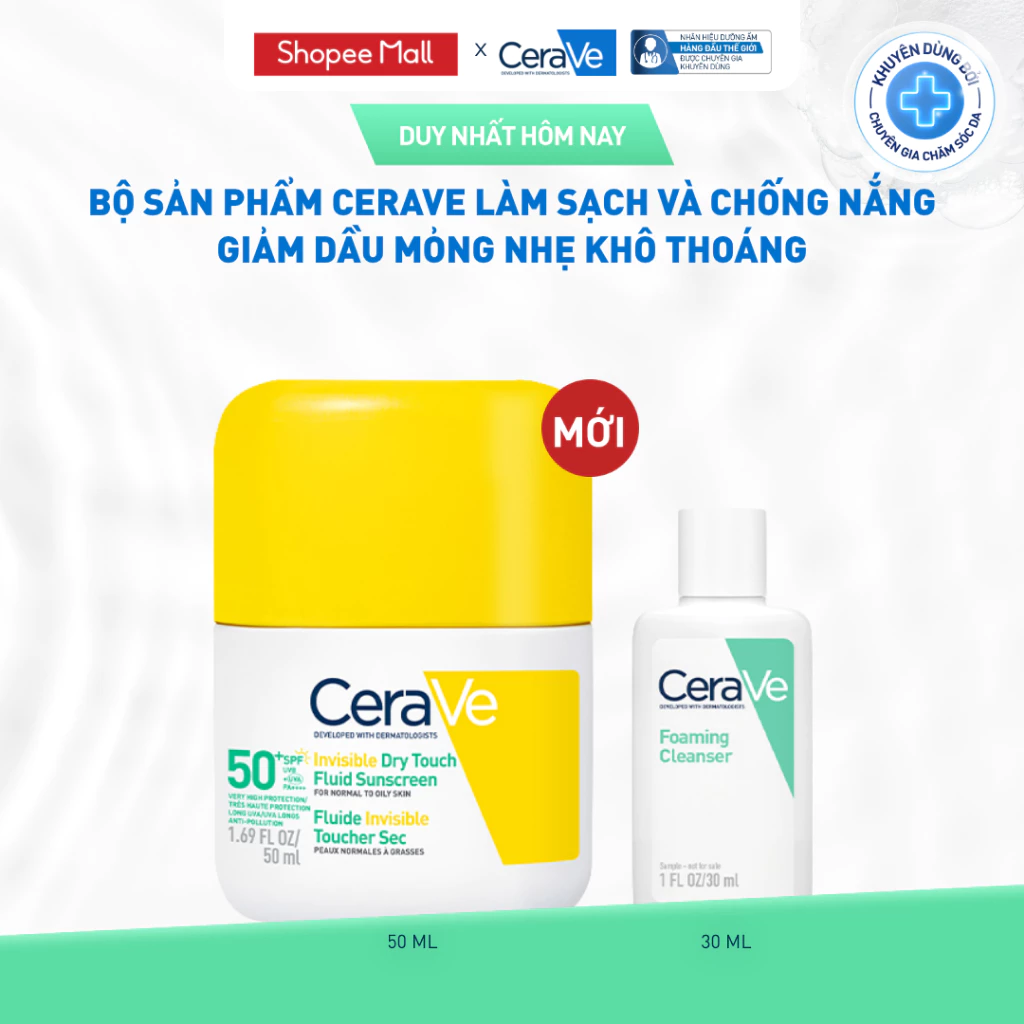 [MỚI] [VB HO] Bộ sản phẩm CeraVe làm sạch và chống nắng giảm dầu mỏng nhẹ khô thoáng