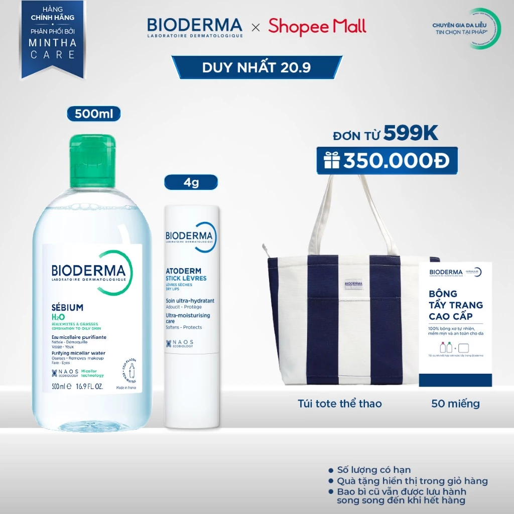 Bộ đôi nước tẩy trang cho da dầu mụn Sebium H2O 500ml và son dưỡng môi khô nứt nẻ Bioderma Atoderm Stick Levres - 4g