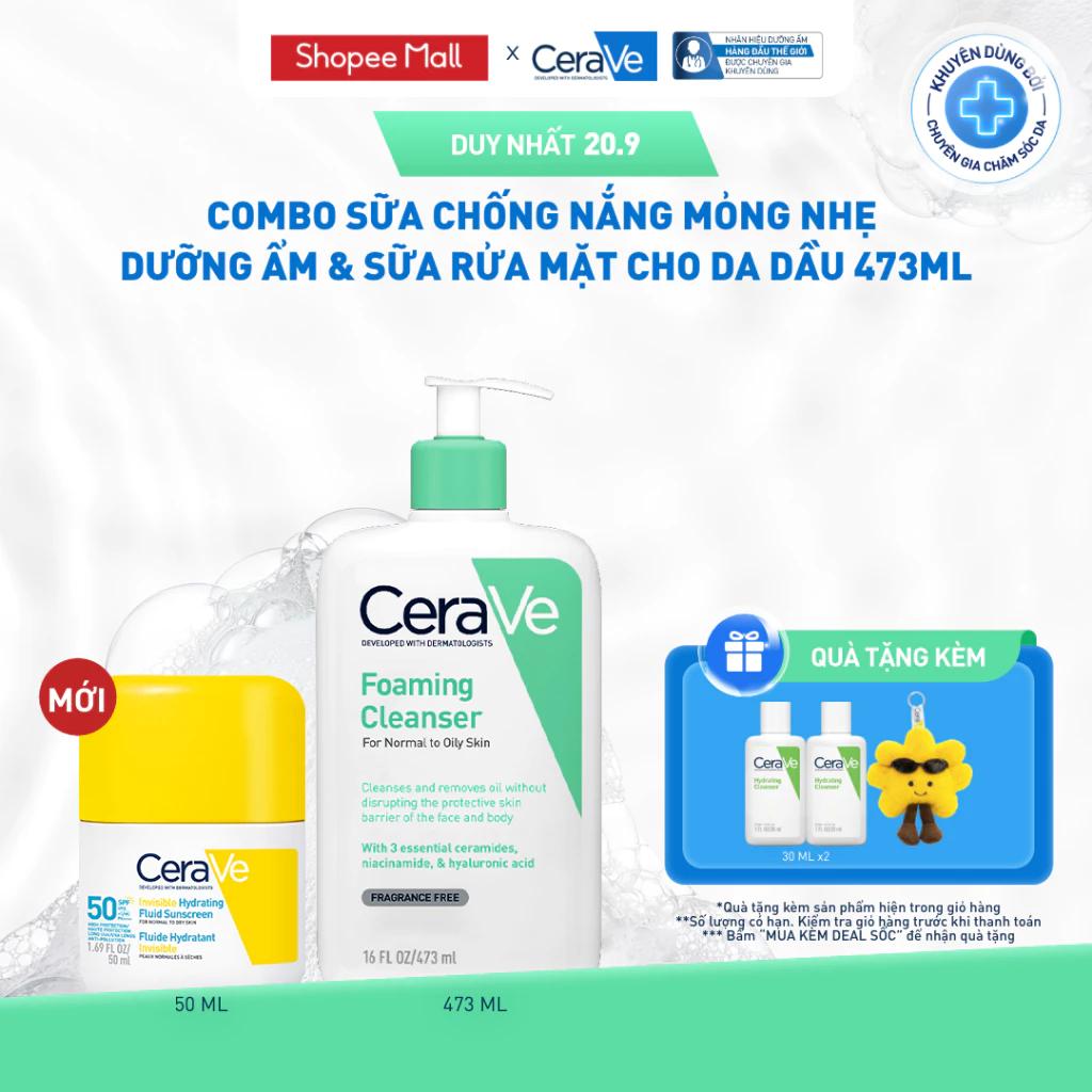 [MỚI] [VB[ Combo Sữa chống nắng mỏng nhẹ dưỡng ẩm & Sữa rửa mặt cho da dầu CeraVe 473ml