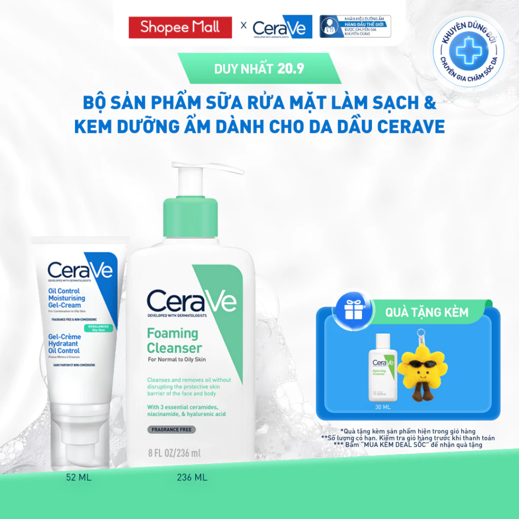 [VB] Bộ sản phẩm sữa rửa mặt làm sạch & kem dưỡng ẩm dành cho da dầu CeraVe