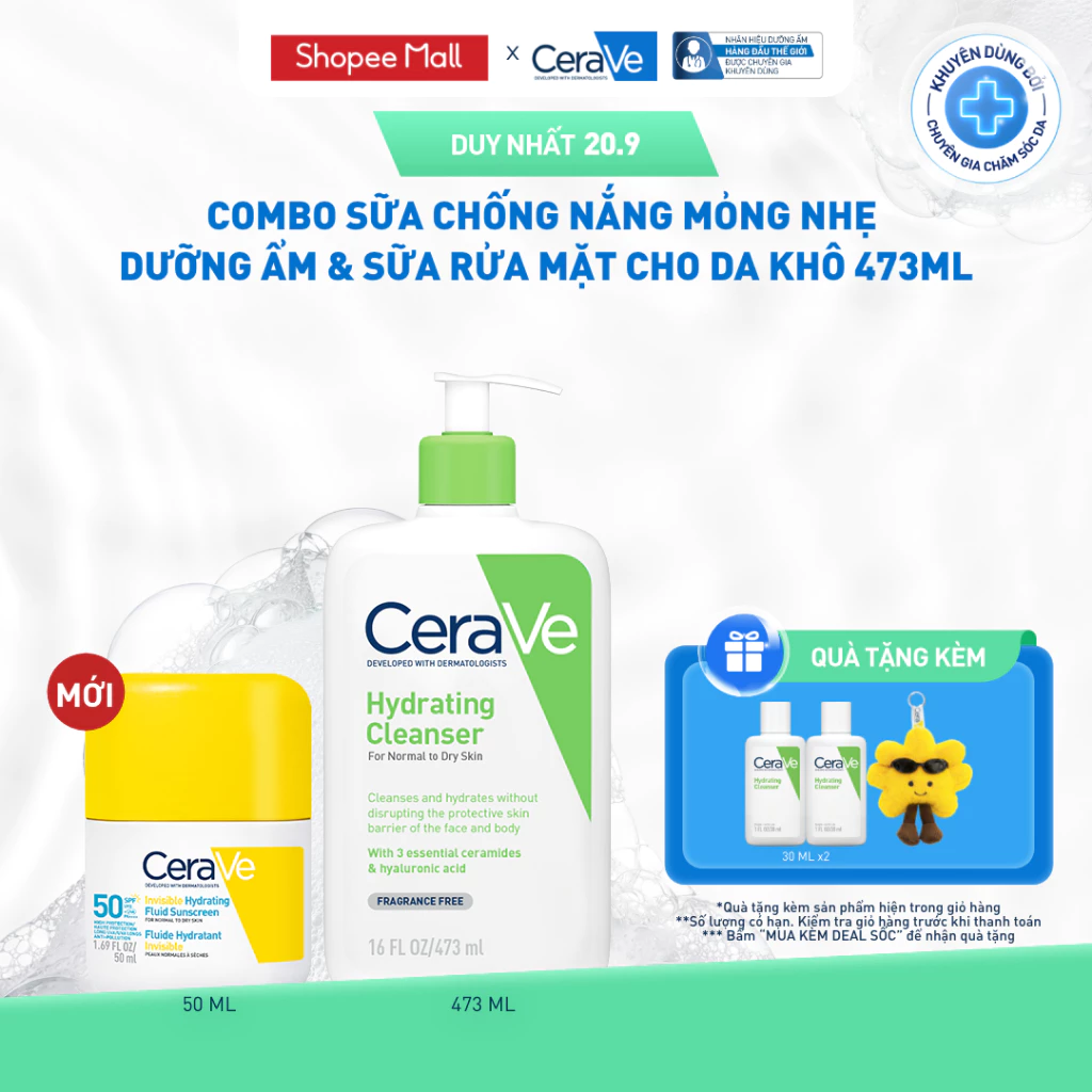 [MỚI] [VB] Combo Sữa chống nắng CeraVe mỏng nhẹ dưỡng ẩm & Sữa rửa mặt cho da khô 473ml·