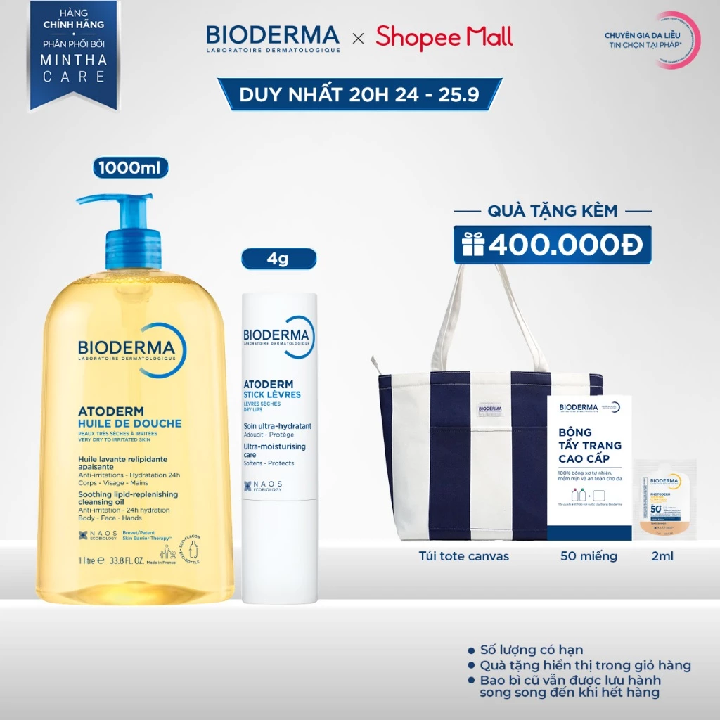 [BIODERMA] Bộ đôi dầu tắm làm sạch, làm dịu và dưỡng ẩm Huile De Douche 1L và son dưỡng môi khô Atoderm Stick Levres 4g