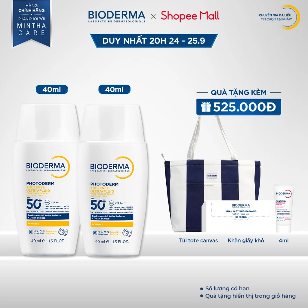 [BIODERMA] Bộ đôi sữa chống nắng XDefense Ultra-fluid SPF50+ 40mlx2 cho mọi loại da