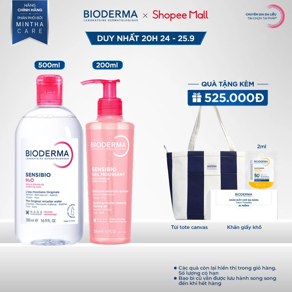[BIODERMA] Bộ đôi nước tẩy trang Bioderma Sensibio H2O 500ml và Gel rửa mặt tạo bọt Sensibio Gel Moussant 200ml