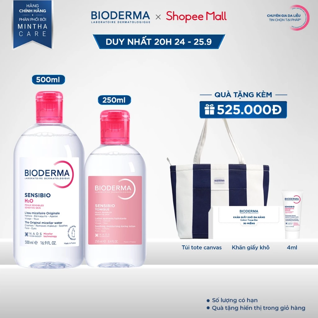 [BIODERMA] Bộ đôi nước tẩy trang làm sạch Bioderma Sensibio H2O 500ml và dung dịch cân bằng Sensibio Tonique 250ml