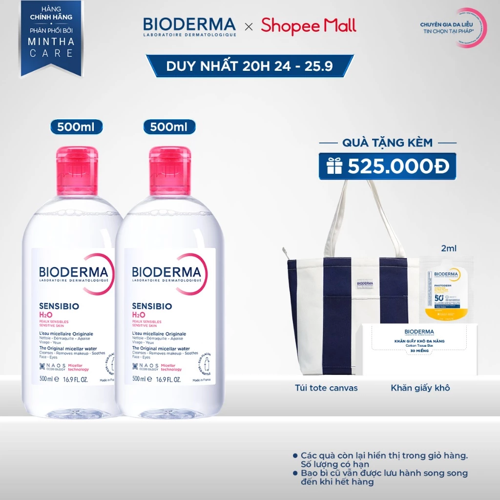 [BIODERMA] Bộ đôi nước tẩy trang Micellar cho da nhạy cảm Bioderma Sensibio H2O - 500mlx2