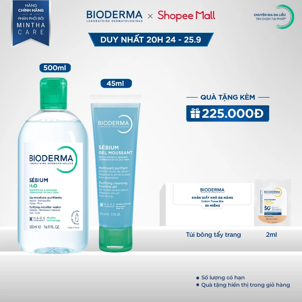 Bộ nước tẩy trang và làm sạch công nghệ Micellar cho da dầu, mụn Bioderma Sebium H2O 500ml và Gel rửa mặt tạo bọt 45ml