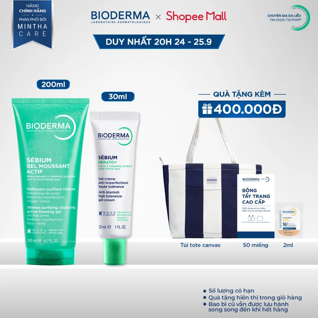 [BIODERMA] Bộ đôi gel rửa mặt làm sạch Bioderma Sébium Gel moussant actif 200ml và kem dưỡng giảm mụn nhẹ Kerato+ 30ml