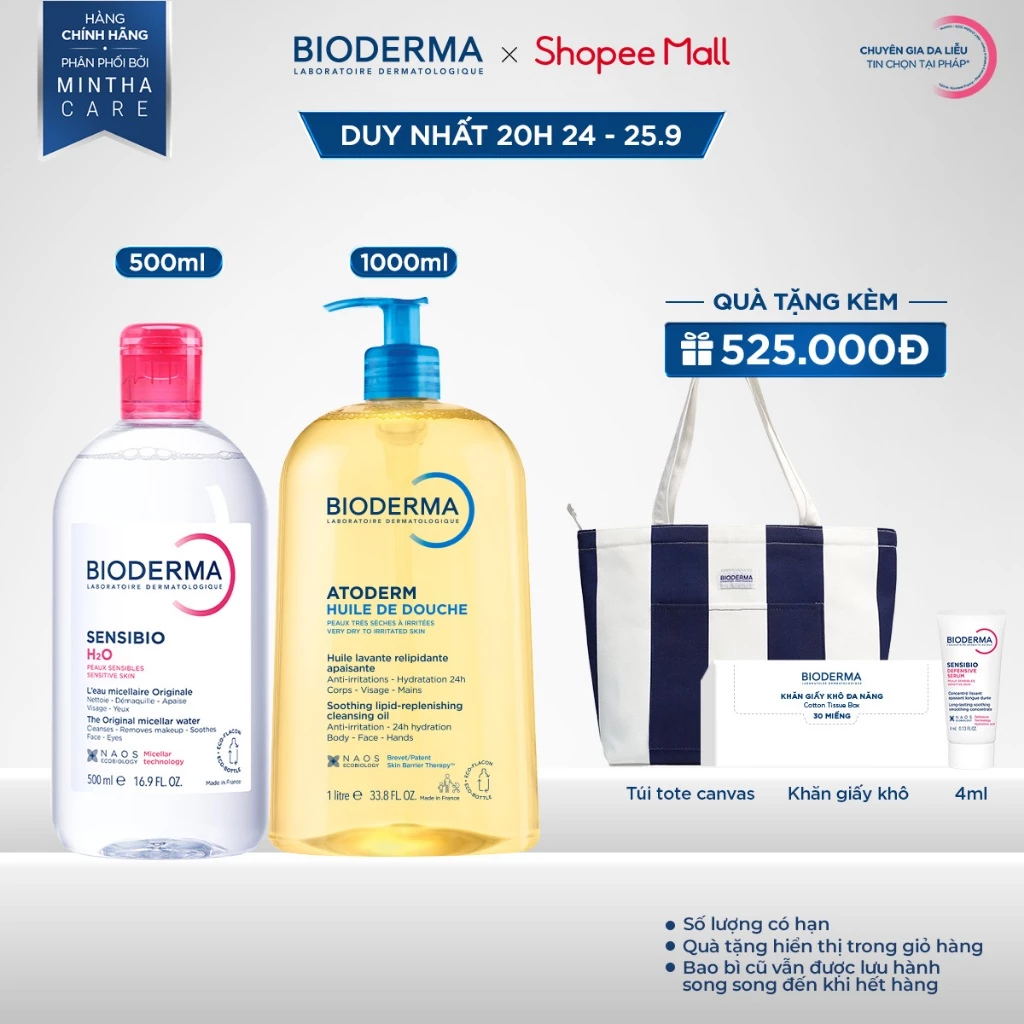 [BIODERMA] Bộ nước tẩy trang mọi loại da Sensibio H2O 500ml và dầu tắm làm sạch Atoderm Huile De Douche 1L
