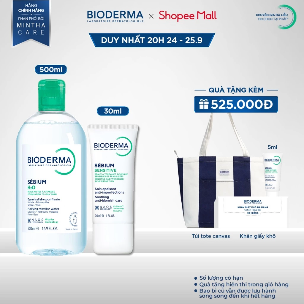 [BIODERMA] Bộ đôi nước tẩy trang Bioderma Sebium H2O 500ml và kem dưỡng giảm mụn viêm nhạy cảm Sebium Sensitive 30ml