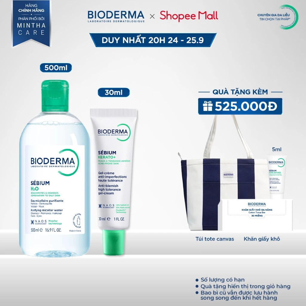 [BIODERMA] Bộ đôi nước tẩy trang Bioderma Sebium H2O 500ml và kem dưỡng giảm mụn nhẹ, trung bình Sebium Kerato+ 30ml