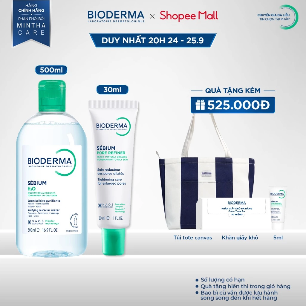 [BIODERMA] Bộ đôi nước tẩy trang Bioderma Sebium H2O 500ml và kem dưỡng se khít lỗ chân lông Sebium Pore Refiner 30ml