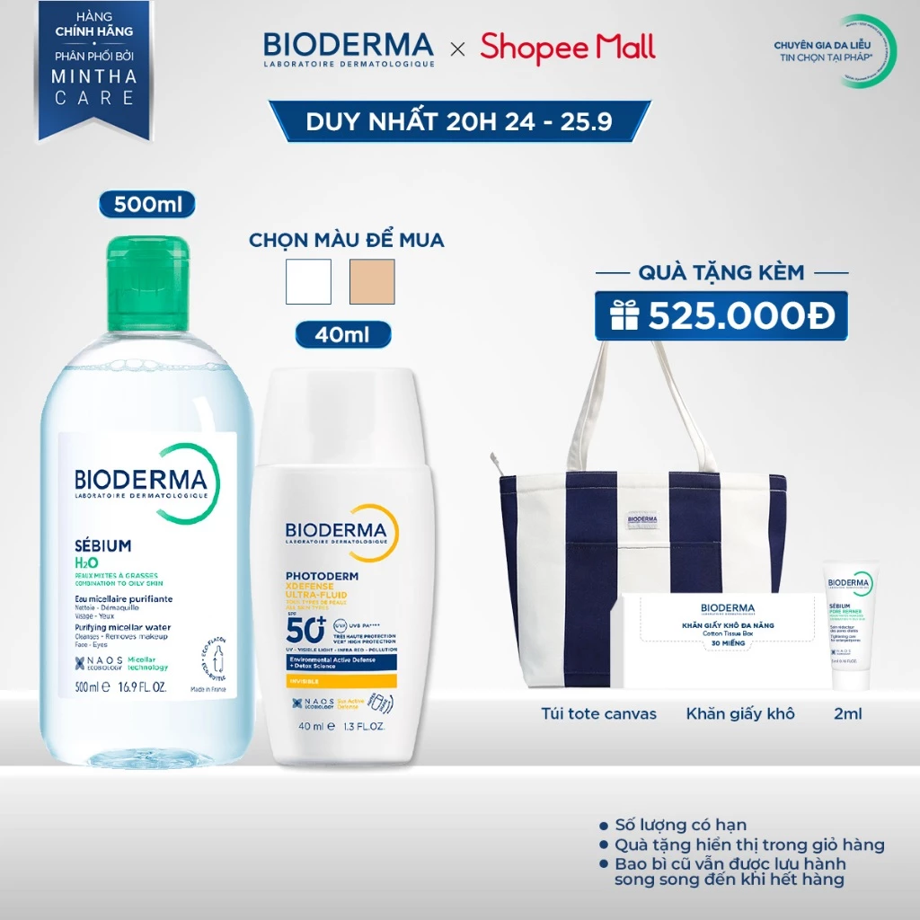 [BIODERMA] Bộ đôi nước tẩy trang Bioderma Sebium H2O 500ml và Sữa chống nắng XDefense Ultra-fluid SPF50+ 40ml da dầu mụn
