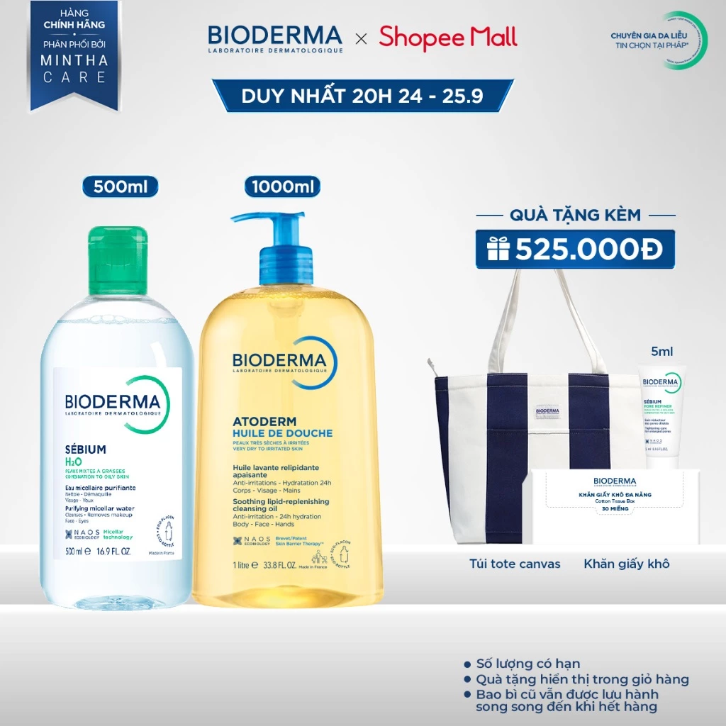 [BIODERMA] Bộ nước tẩy trang mọi loại da Sensibio H2O 500ml và dầu tắm làm sạch Atoderm Huile De Douche 1L