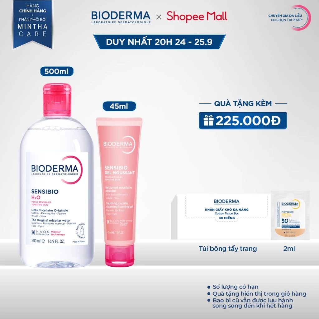 Bộ nước tẩy trang và làm sạch micellar cho da nhạy cảm Bioderma Sensibio H2O 500ml và gel rửa mặt tạo bọt 45ml