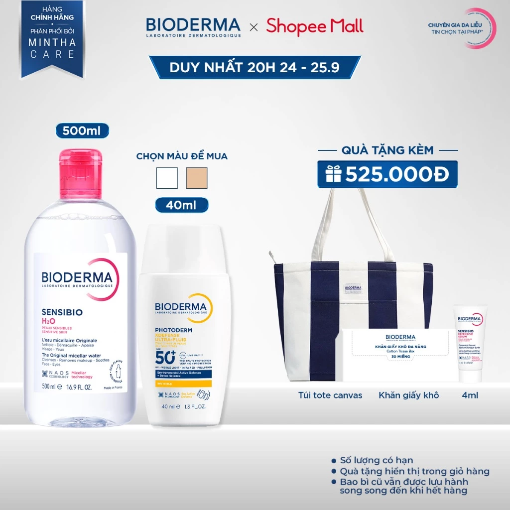 [BIODERMA] Bộ đôi nước tẩy trang Bioderma Sensibio H2O 500ml và Sữa chống nắng XDefense SPF50+ 40ml cho da nhạy cảm