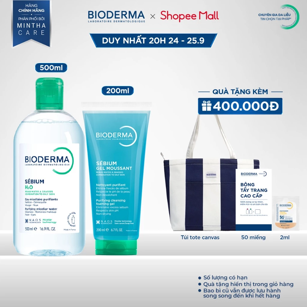 [BIODERMA] Bộ đôi nước tẩy trang Bioderma Sebium H2O 500ml và Gel rửa mặt tạo bọt Sebium Gel Moussant 200ml (Tuýp)