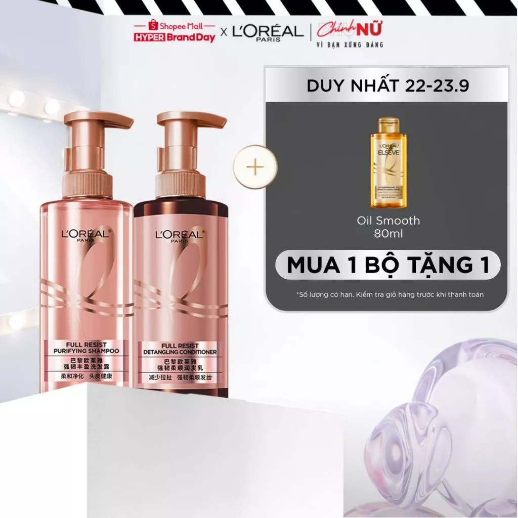 VB _  Bộ đôi dầu gội xả ngăn ngừa & giảm gãy rụng tóc, giúp tóc chắc khỏe hơn L’oreal Paris Full Resist 440ml