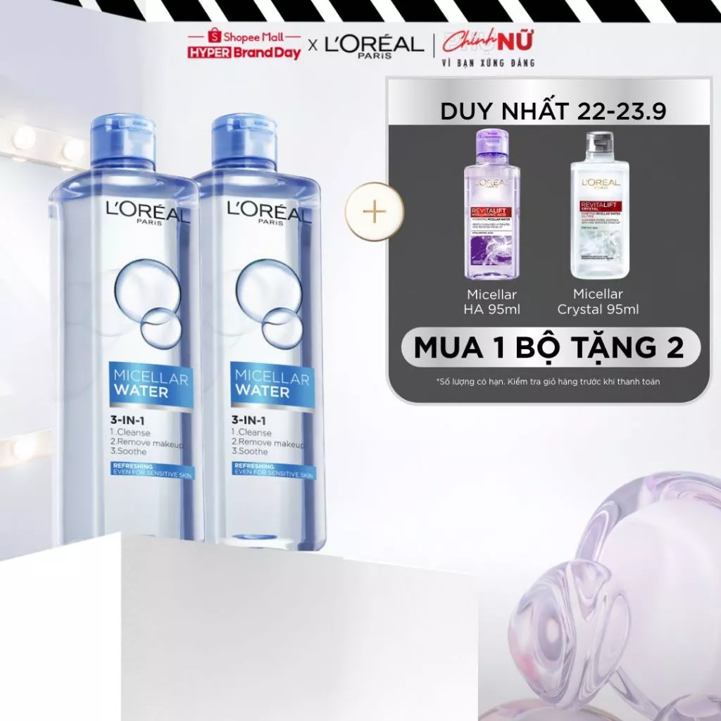 VB _ Bộ đôi nước tẩy trang giúp làm sạch sâu 3-in-1 L'Oreal Paris Micellar Water (400ml x2)