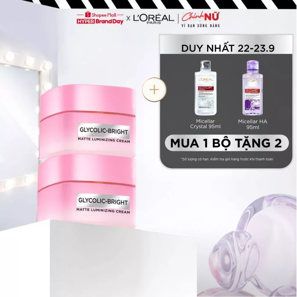 VB _ Bộ đôi kem dưỡng sáng da đột phá Melasyl làm mờ thâm mụn, nám L'Oreal Paris Glycolic Bright Matte Luminizing 50mlx2