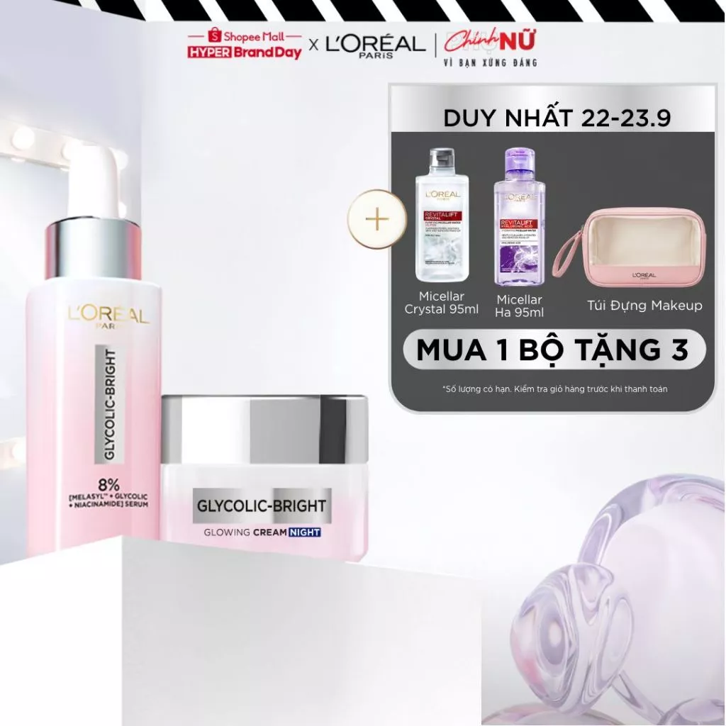 VB_ Bộ chăm sóc dưỡng sáng da, mờ thâm Serum Glycolic melasyl 8% 30ml & Kem đêm Glycolic Bright L'Oreal Paris 50ml