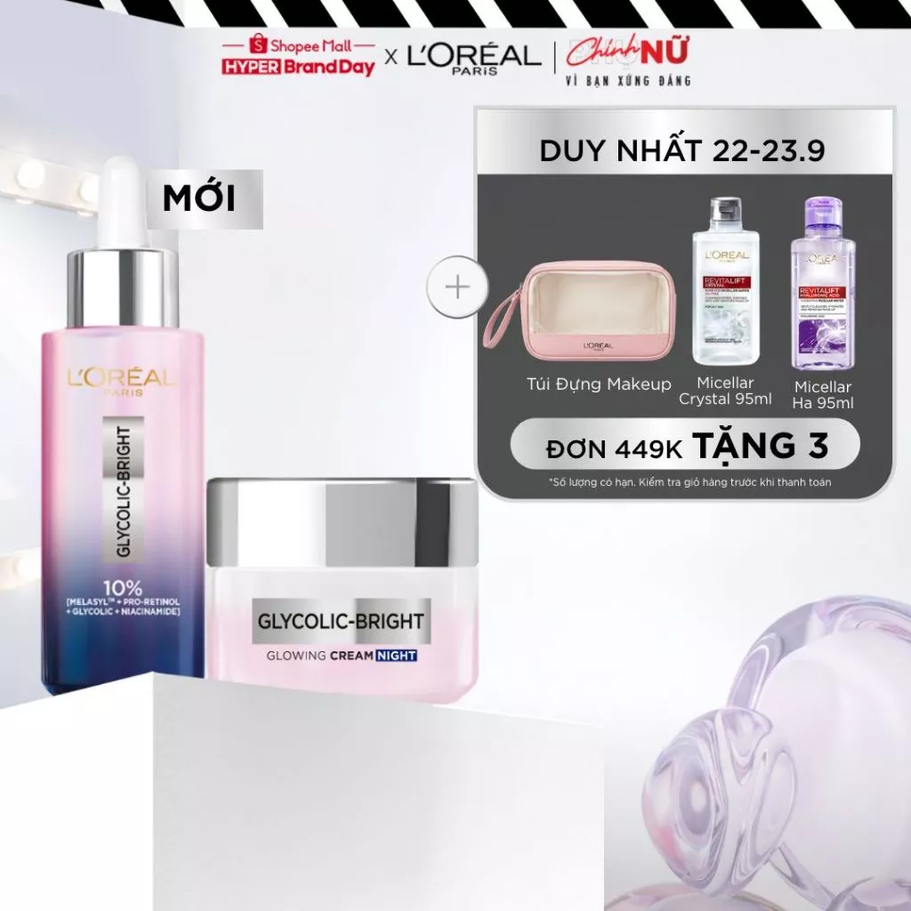 VB_ Bộ serum đêm phức hợp MelasylTM & kem dưỡng đêm sáng da, mịn & giảm thâm nám L'Oréal Paris Glycolic-bright 30mlx50ml