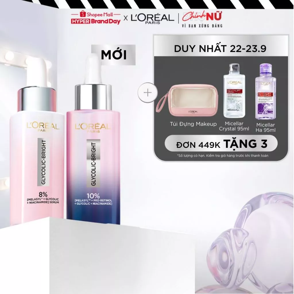 VB_ Bộ đôi serum dưỡng sáng phức hợp MelasylTM giúp mờ thâm sạm, nám đến 88% L'Oréal Paris Glycolic-bright 30mlx2