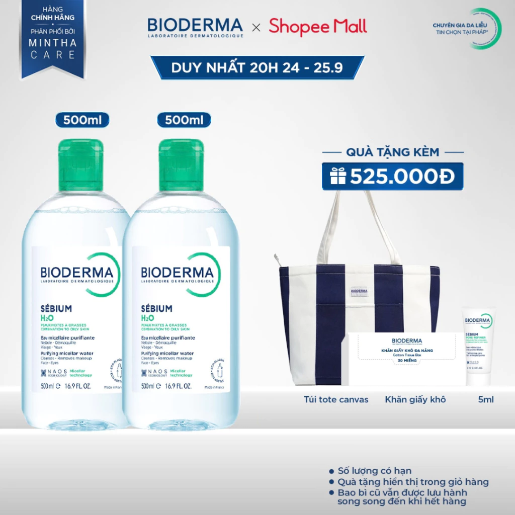 [BIODERMA] Bộ đôi nước tẩy trang Micellar cho da dầu mụn Bioderma Sebium H2O - 500mlx2