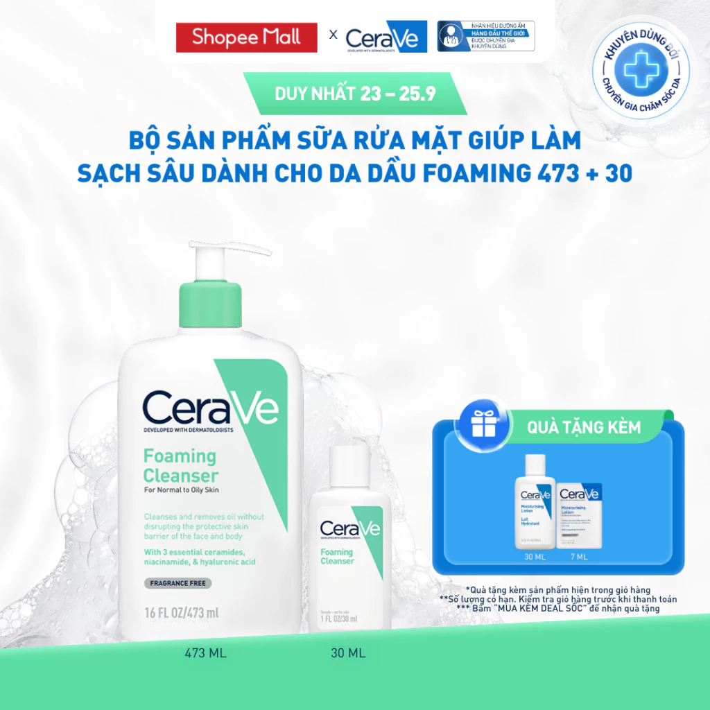 [VB KOL] Bộ sản phẩm CeraVe sữa rửa mặt giúp làm sạch sâu dành cho da dầu Foaming 473ml + 30ml