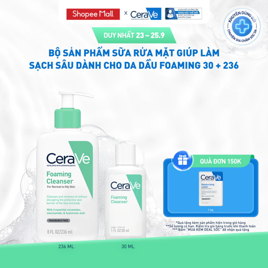 [VB KOL] Bộ sản phẩm CeraVe sữa rửa mặt giúp làm sạch sâu dành cho da dầu Foaming 236ml + 30ml