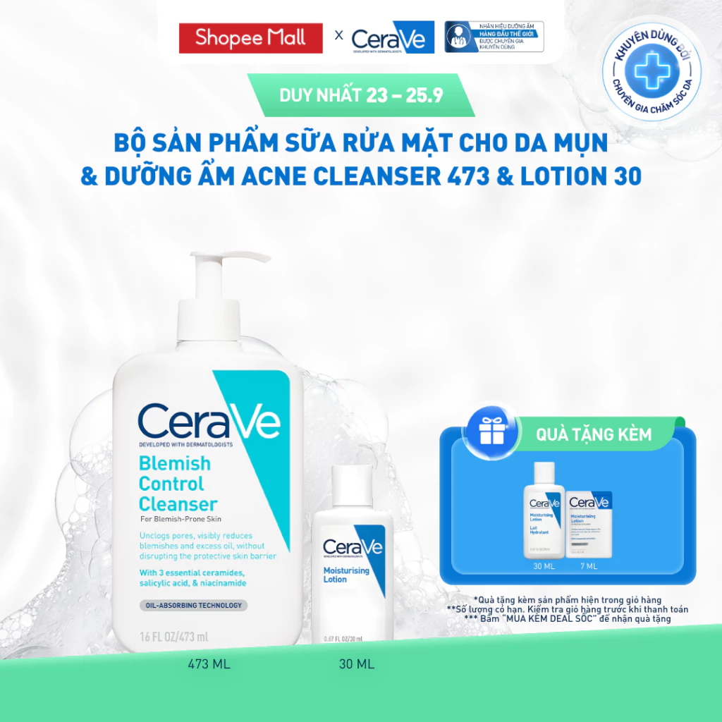 [VB KOL] Bộ sản phẩm CeraVe sữa rửa mặt cho da mụn Blemish Control 473ml & dưỡng ẩm Lotion 30ml