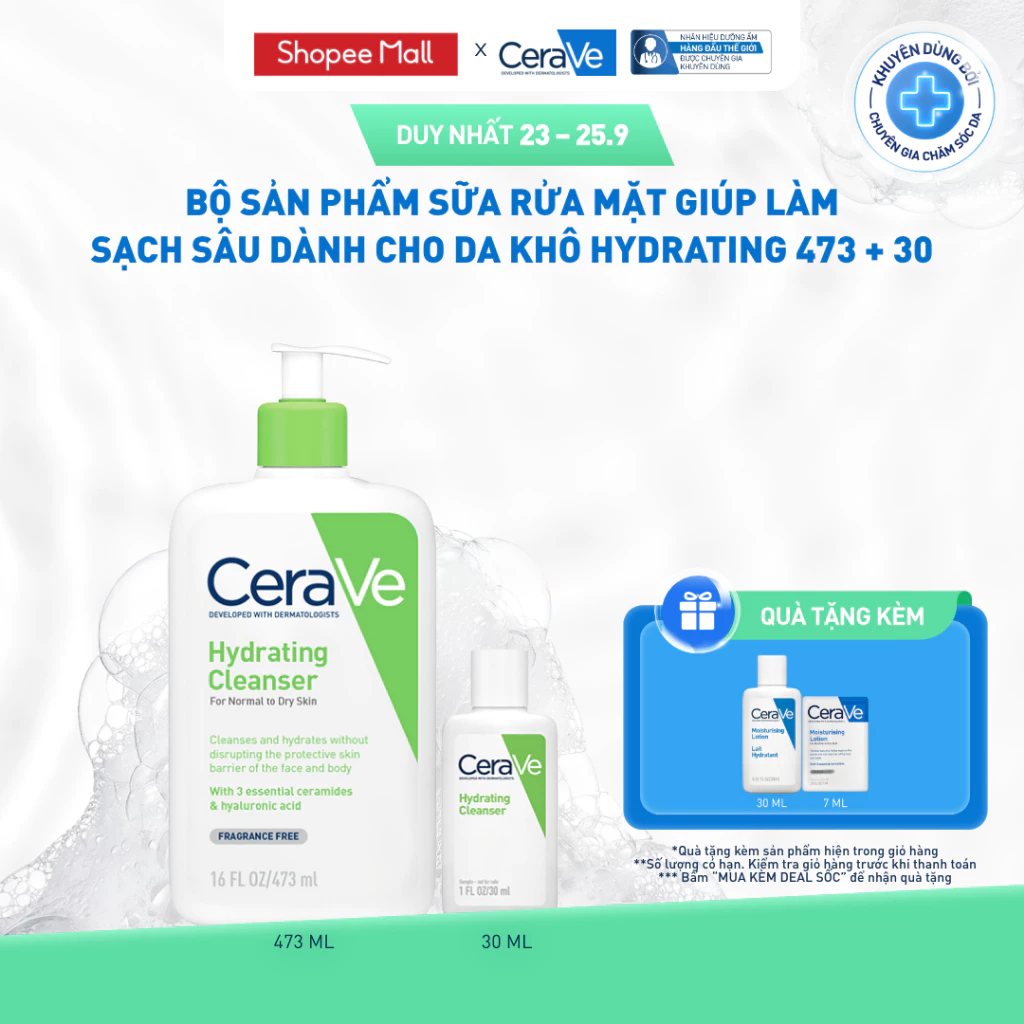 [VB KOL] Bộ sản phẩm CeraVe sữa rửa mặt giúp làm sạch sâu dành cho da khô Hydrating 473ml + 30ml