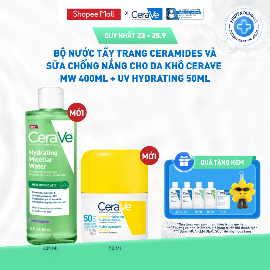 [VB] Bộ nước tẩy trang ceramides và sữa chống nắng cho da khô CeraVe MW 400ml + UV Hydrating 50ml