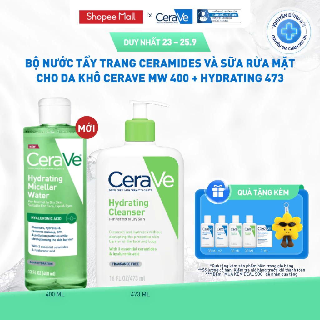 [VB] Bộ nước tẩy trang ceramides và sữa rửa mặt cho da khô CeraVe MW + Hydrating 473