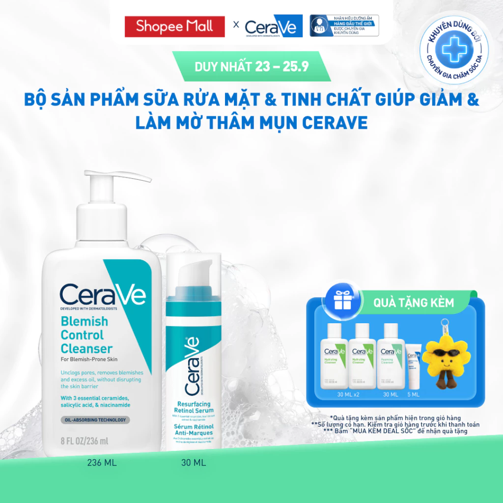 [VB] Bộ sản phẩm sữa rửa mặt & tinh chất giúp giảm & làm mờ thâm mụn CeraVe