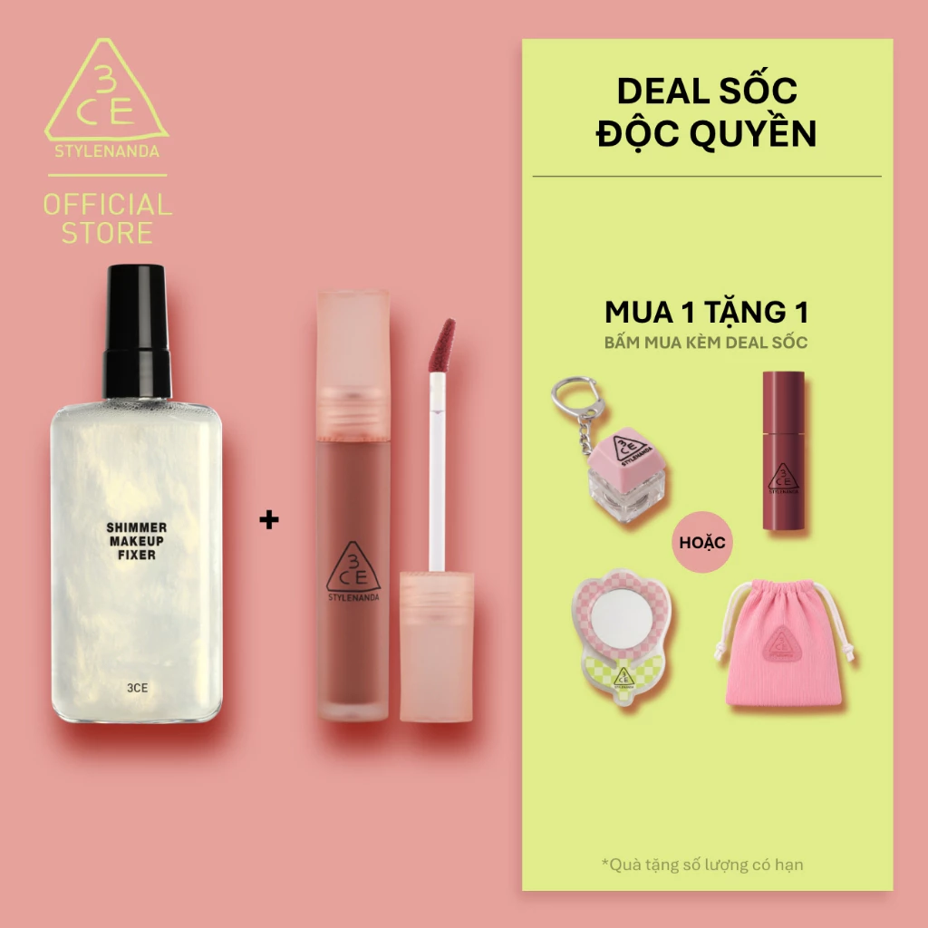 3CE Combo Son Blur Water Tint  & Chai Xịt Cố Định Lớp Trang Điểm Shimmer Make Up Fixer