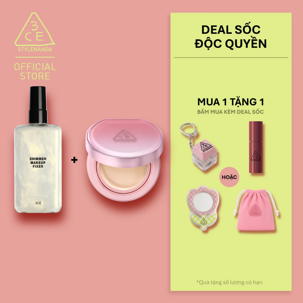 3CE Combo Phấn Nước Fitting Mesh Cover Cushion & Chai Xịt Khóa Nền Shimmer Makeup Fixer