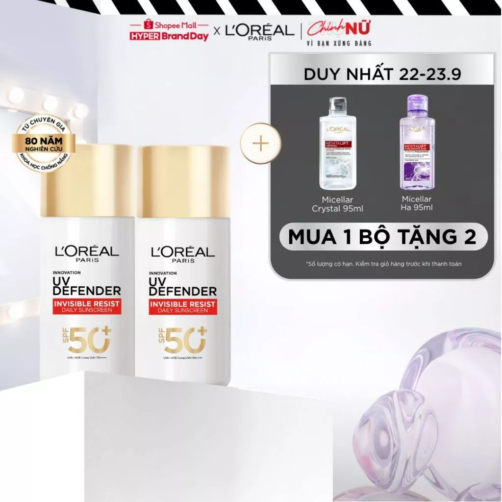 VB _ Bộ 2 Sữa Chống Nắng Phổ Rộng Vô Hình Thoáng Da, Kháng Mọi Tác Động Invisible SPF 50+ PA++++ L’Oreal Paris 50ml
