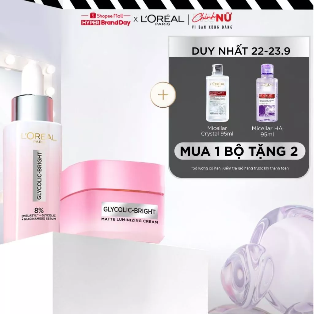 VB_ Bộ đôi serum & kem dưỡng sáng da đột phá Melasyl mờ thâm mụn, nám L'Oreal Paris Glycolic Bright 30ml, 50ml
