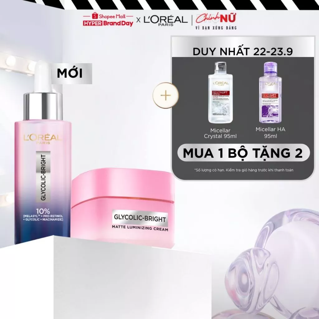 VB_Bộ serum đêm phức hợp MelasylTM & kem dưỡng Lumi sáng da, mịn & giảm thâm nám L'Oréal Paris Glycolic-bright 30ml,50ml