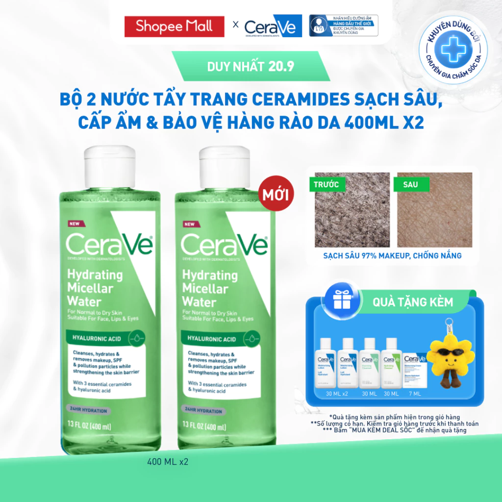 [VB] Bộ 2 nước tẩy trang ceramides sạch sâu, cấp ẩm & bảo vệ hàng rào da 400ml CeraVe Hydrating Micellar Water