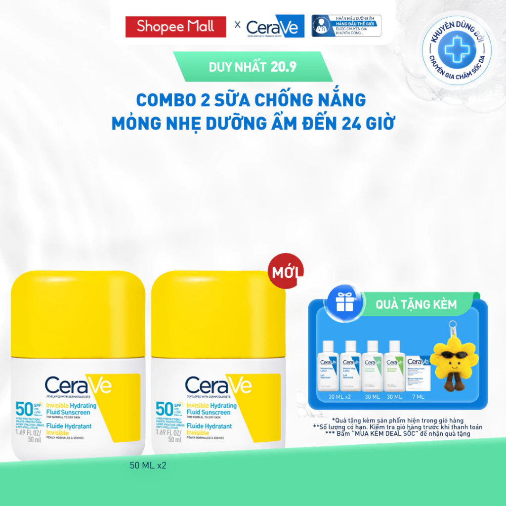 [MỚI] [VB] Combo 2 Sữa chống nắng CeraVe mỏng nhẹ dưỡng ẩm đến 24 giờ