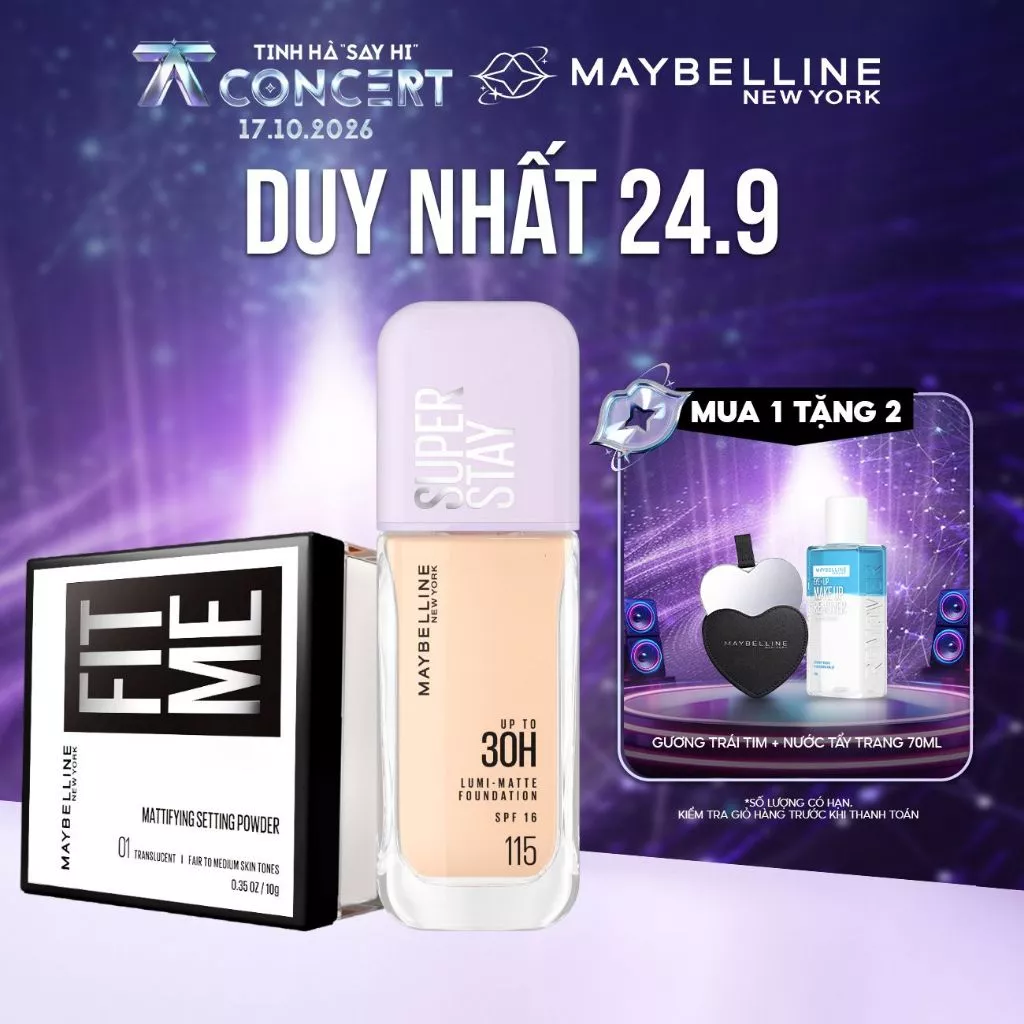 [Bộ trang điểm]Kem nền bắt sáng Superstay Lumi Matte và Phấn phủ bột Fit Me Mattifying Setting Powder Maybelline NewYork