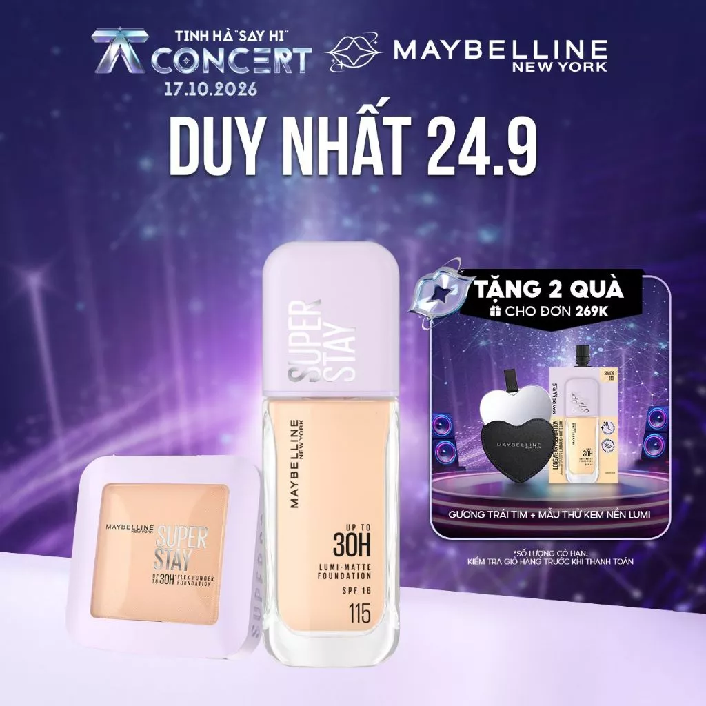 [Bộ trang điểm] Phấn Phủ Nền Linh Hoạt SuperStay 30H Flex Powder 9G và Kem nền Superstay Lumi Matte Maybelline New York