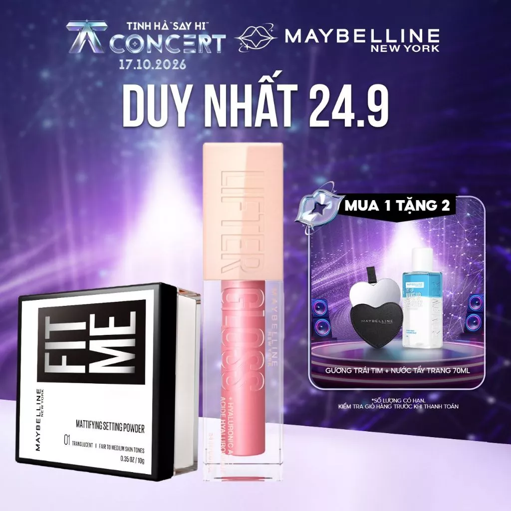 [Bộ trang điểm] Bộ Son Bóng Lifter Gloss 5.4ML và Phấn phủ bột Fit Me Mattifying Setting Powder Maybelline New York