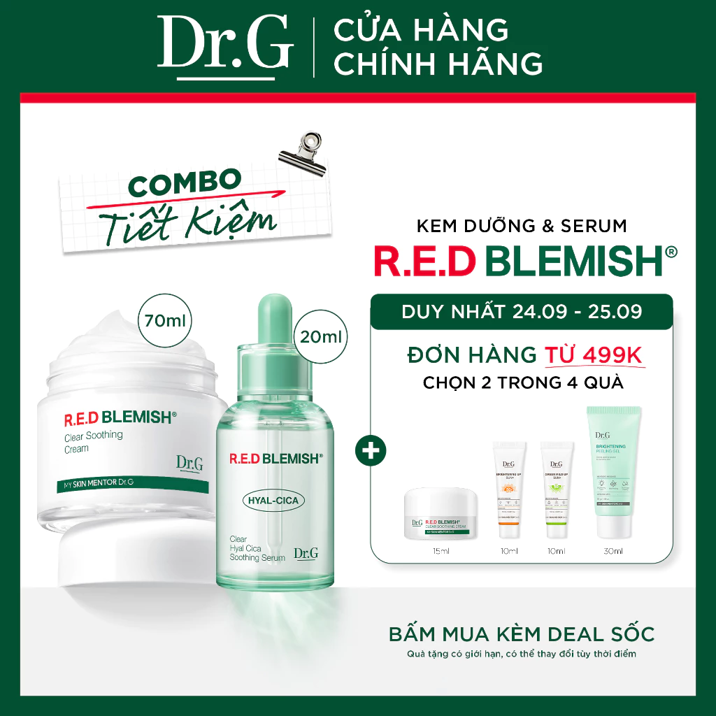 [Combo tiết kiệm] Dr.G R.E.D Blemish Clear Soothing Cream 70ml  & serum DrG R.E.D Blemish Hyal Cica Soothing Serum 20ml