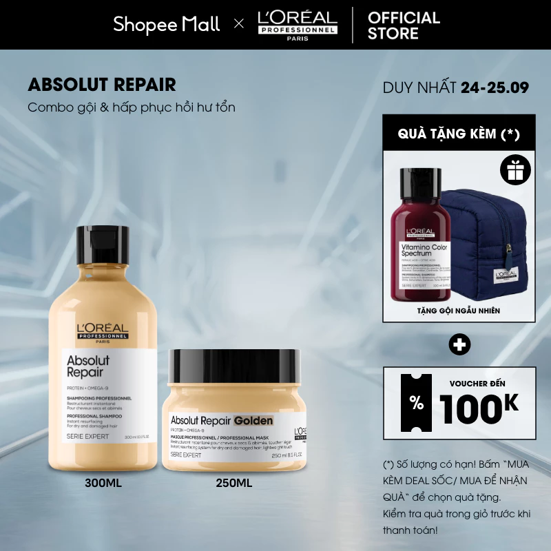 Combo gội 300ml & dầu hấp 250ml  phục hồi hư tổn toàn diện L'Oréal Professionnel Serie Expert Absolut Repair Golden