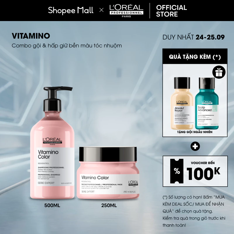 Combo Dầu gội 500ml & Dầu hấp 250ml giữ màu tóc nhuộm & dưỡng tóc mềm mượt Vitamino Color L'Oréal Professionnel