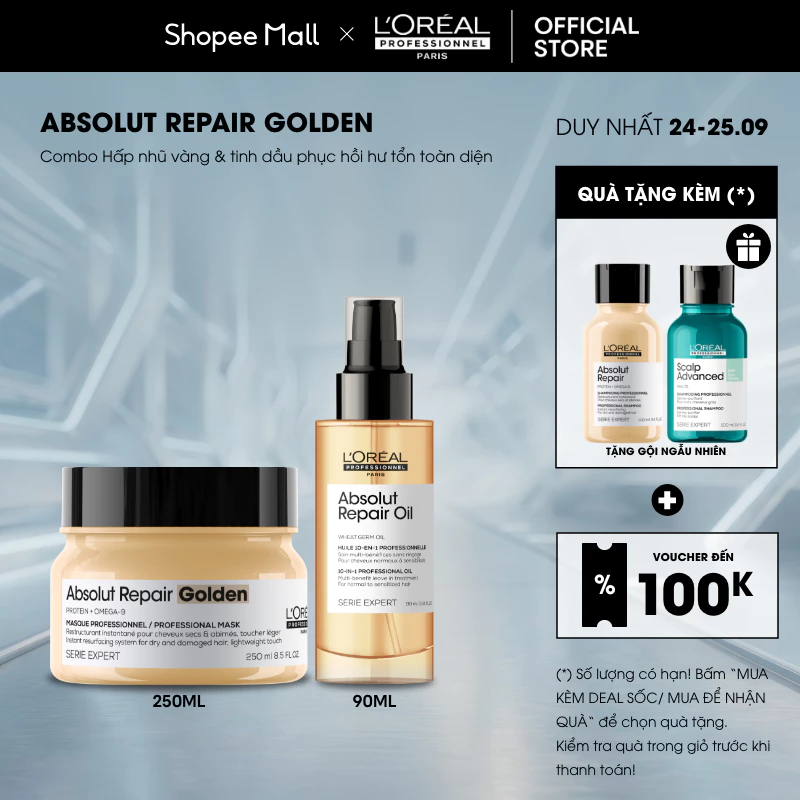 Combo dầu hấp và tinh dầu phục hồi hư tổn Absolut Repair (Mặt nạ nhũ vàng 250ml và tinh dầu 10 trong 1)