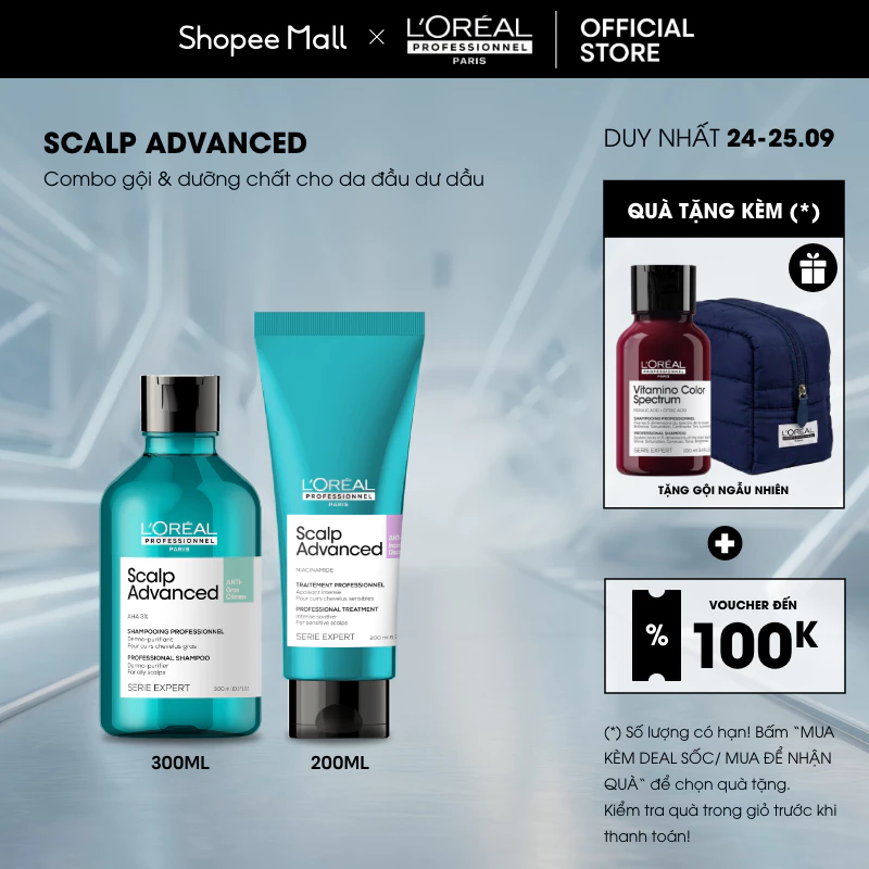 Liệu trình giúp giảm bết dầu cho da đầu dư dầu L'Oréal Professionnel Scalp Advanced - Dầu gội 300ml và Dưỡng chất 200ml